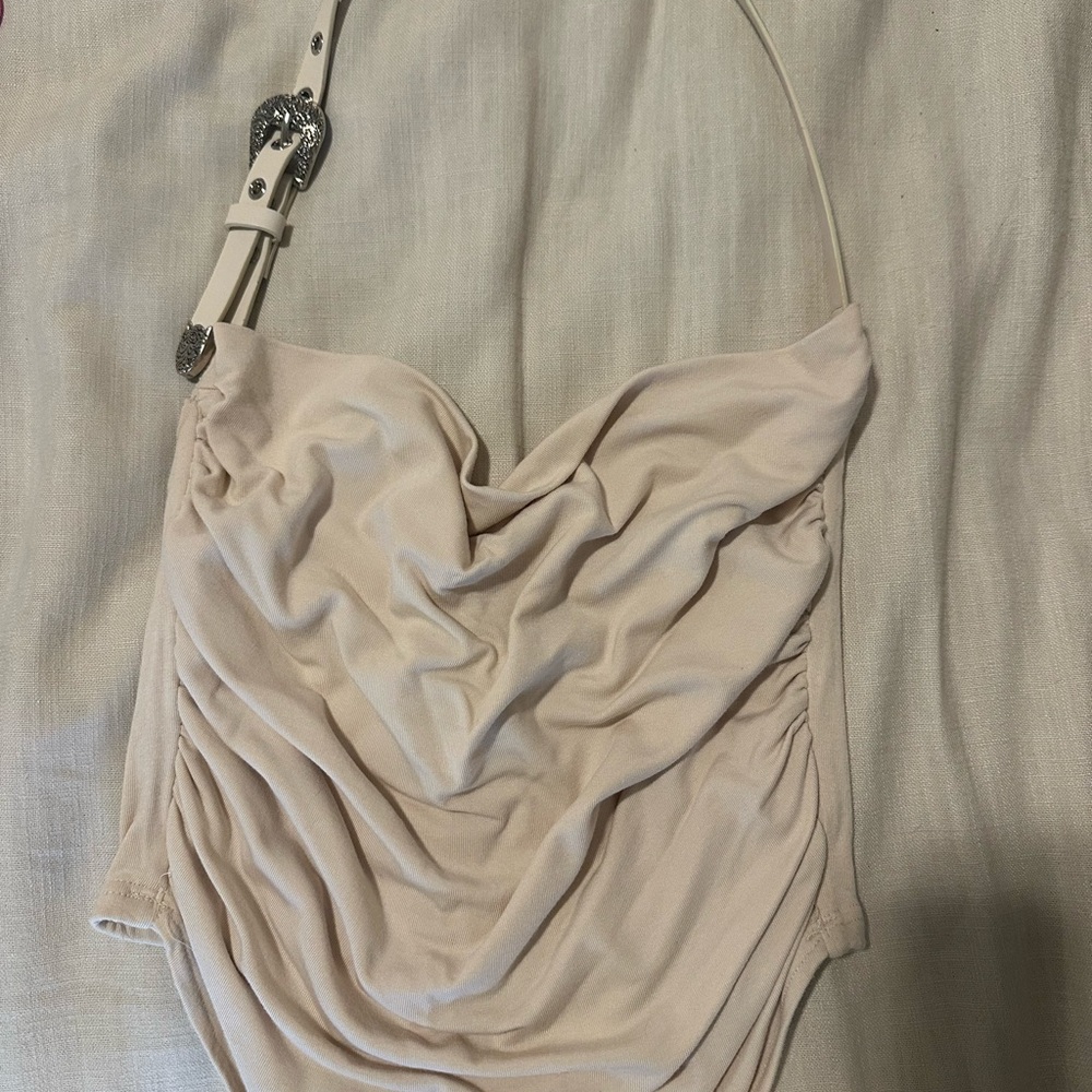 Cream Ruched Top w/ Buckle Detail
